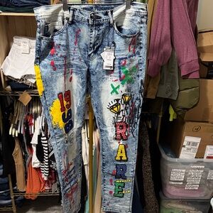 Rue21 Colorful Graphic Jeans 3 Pair Lot! 30x30, 34x30x 34x32.